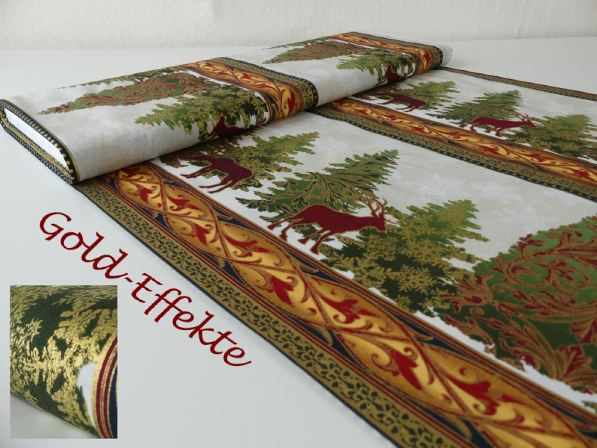 Patchworkstoff Bordüre Winterwald Hirsche weiß Doldeffekte